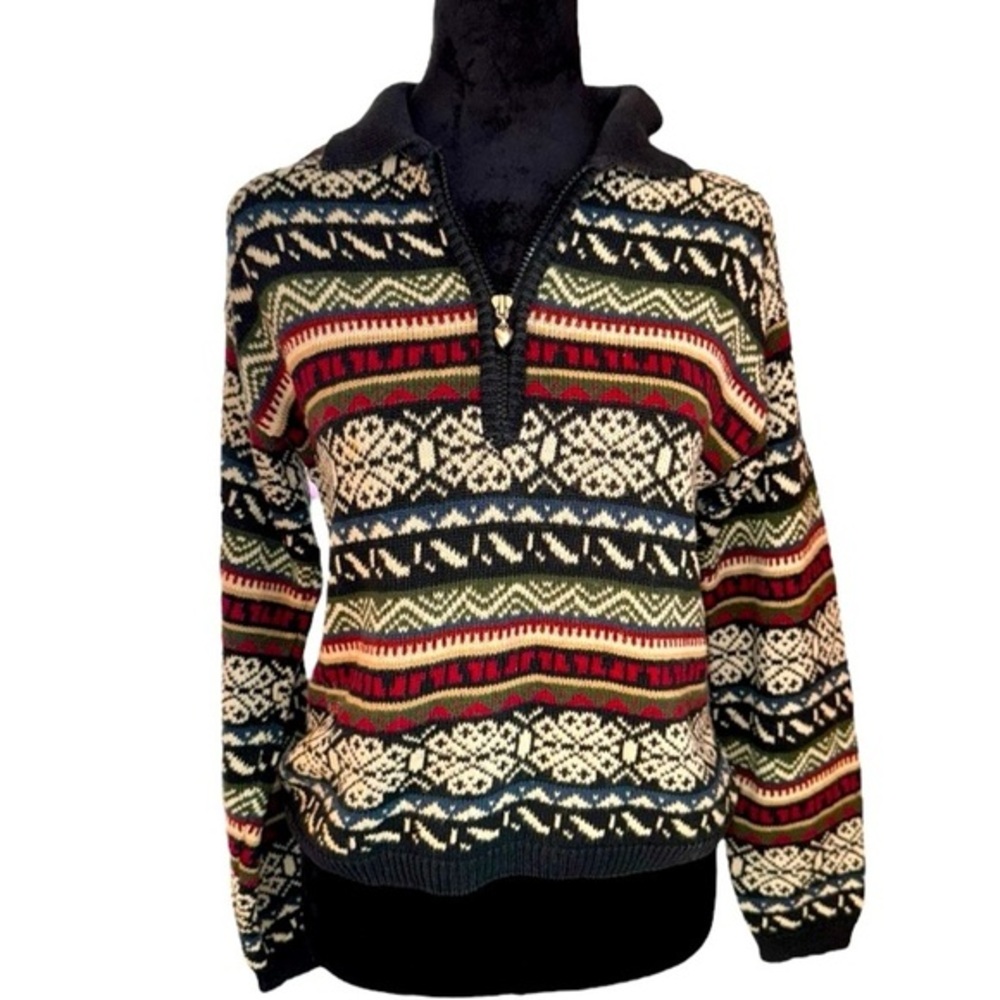 VTG LAUREN BROOKE VALENTINE DAY HEART KNIT GEOMETRIC PULLOVER 1/4 zip size Mediu